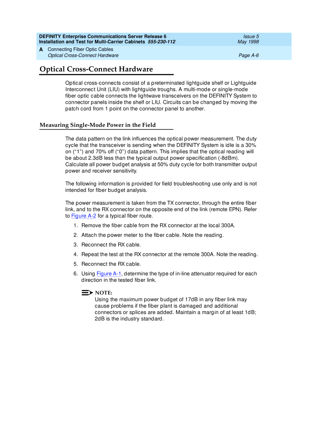 Lucent Technologies Release 6 manual Optical Cross-Connect Hardware, Measuring Single-Mode Power in the Field 