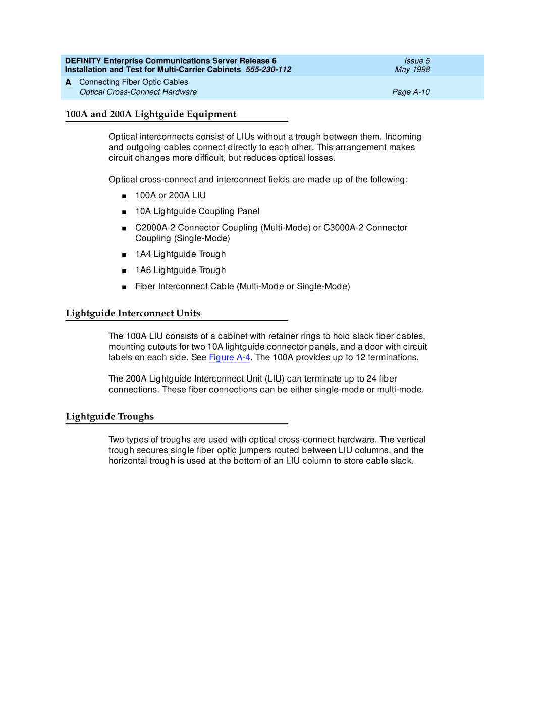 Lucent Technologies Release 6 manual 100A and 200A Lightguide Equipment, Lightguide Interconnect Units, Lightguide Troughs 