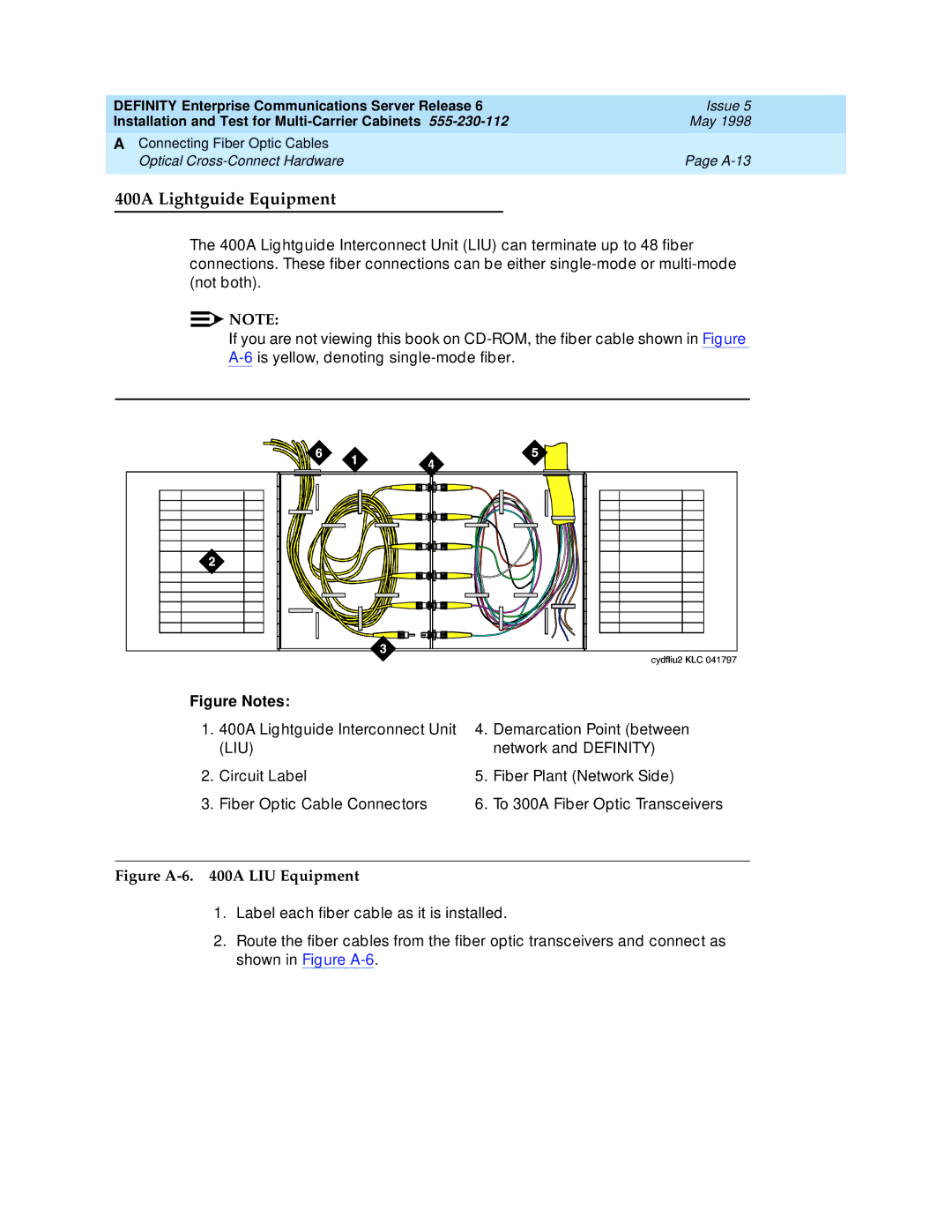 Lucent Technologies Release 6 manual 400A Lightguide Equipment, Figure A-6 a LIU Equipment 