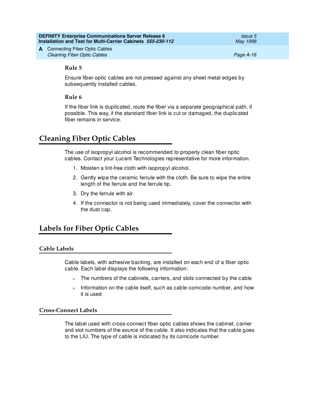 Lucent Technologies Release 6 manual Cleaning Fiber Optic Cables, Labels for Fiber Optic Cables, Cable Labels 