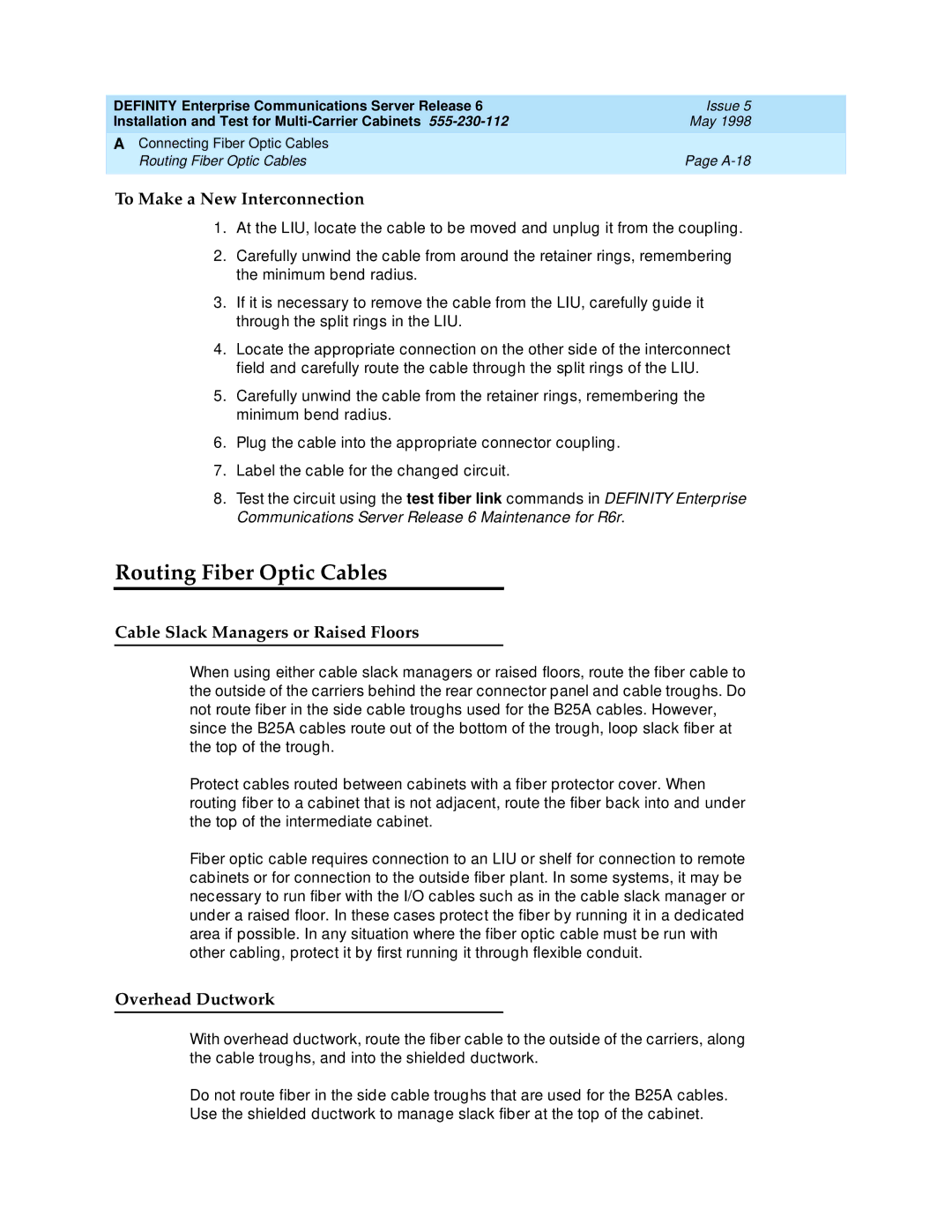 Lucent Technologies Release 6 manual Routing Fiber Optic Cables, To Make a New Interconnection, Overhead Ductwork 