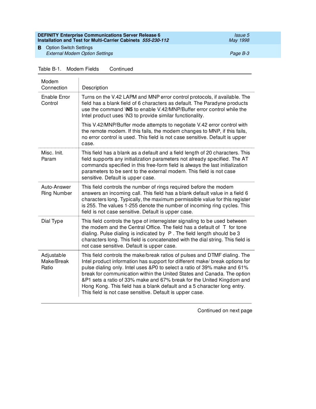 Lucent Technologies Release 6 manual External Modem Option Settings B-3 