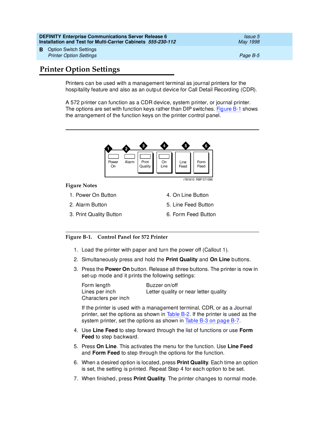 Lucent Technologies Release 6 manual Printer Option Settings, Figure B-1. Control Panel for 572 Printer 