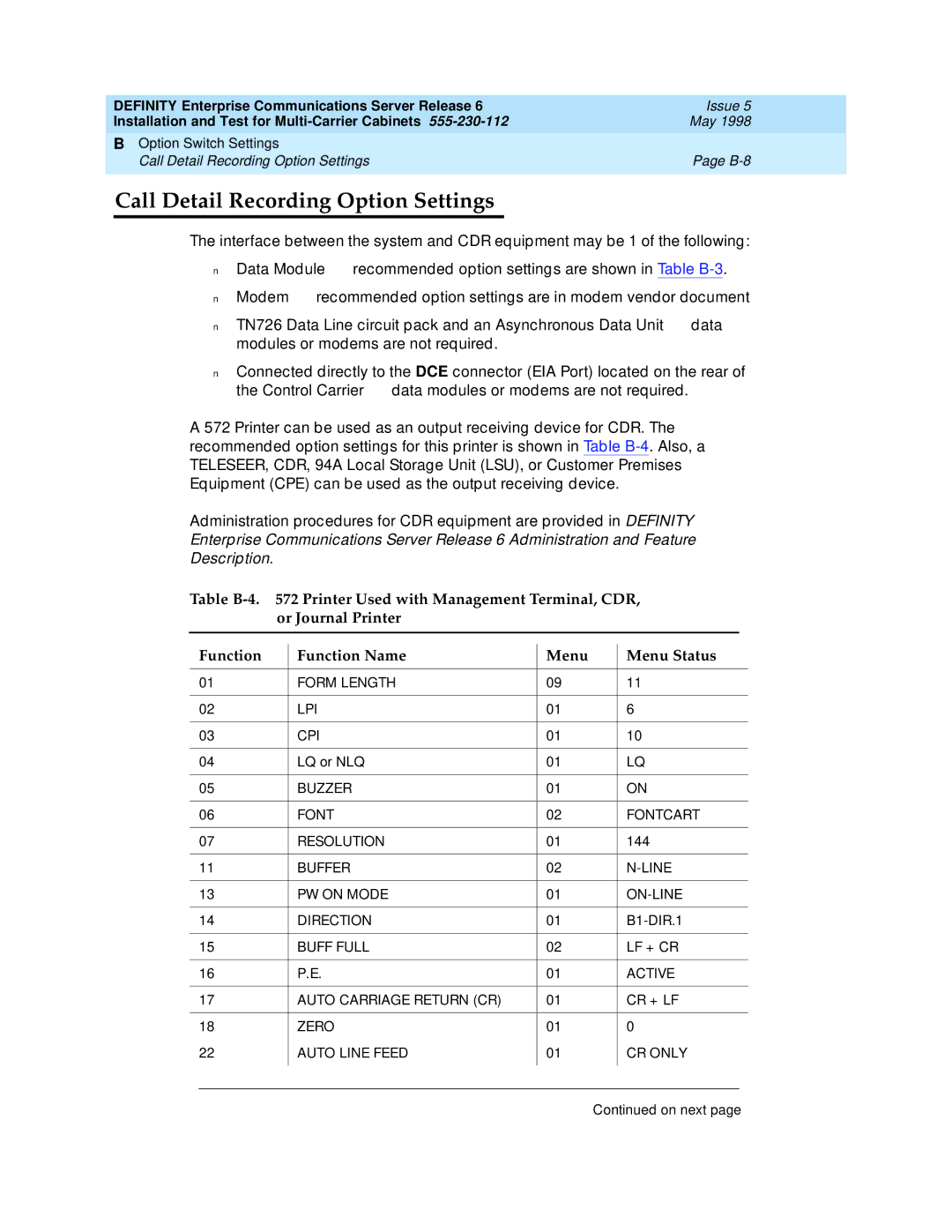 Lucent Technologies Release 6 manual Call Detail Recording Option Settings 