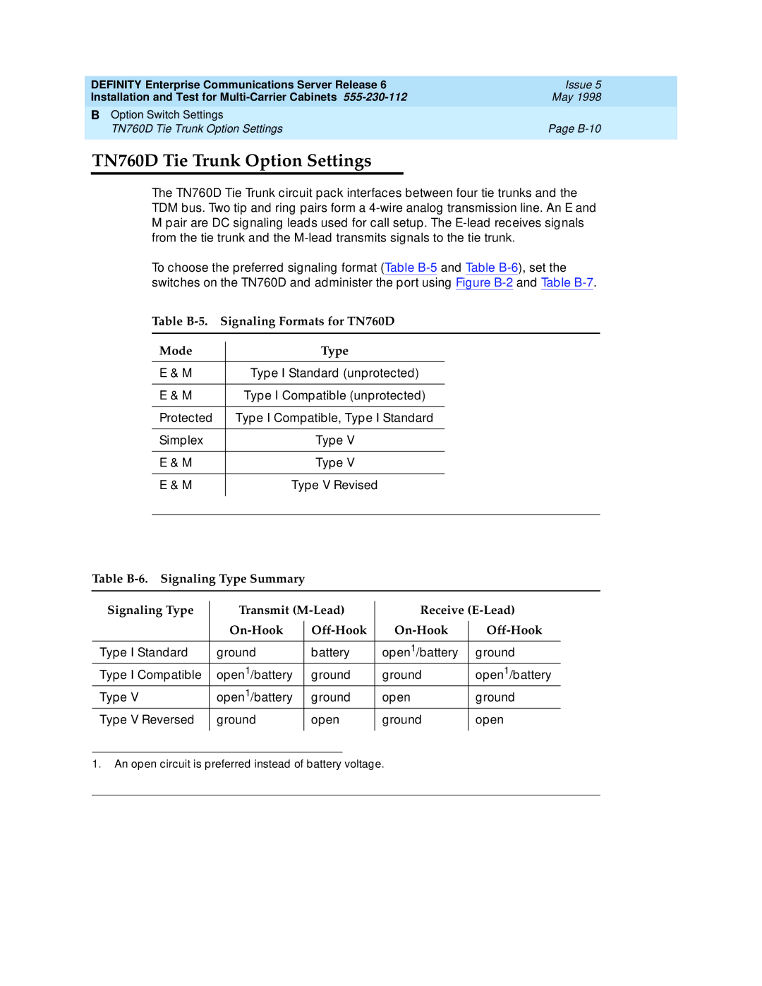 Lucent Technologies Release 6 manual TN760D Tie Trunk Option Settings, Table B-5. Signaling Formats for TN760D Mode Type 