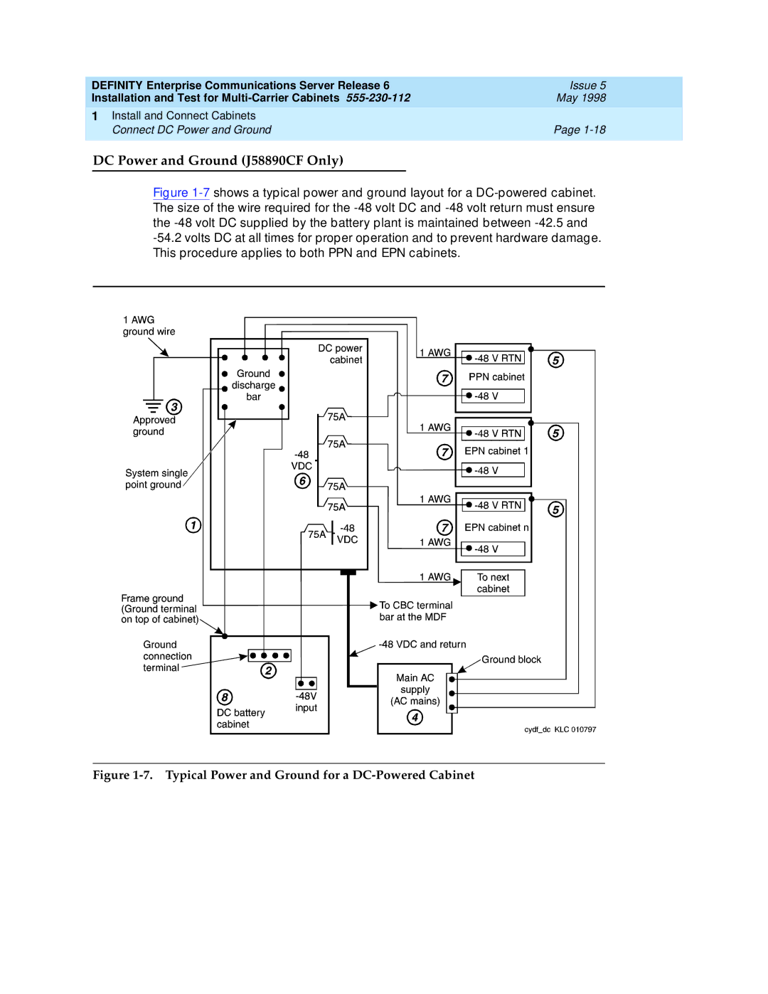 Lucent Technologies Release 6 manual DC Power and Ground J58890CF Only, Typical Power and Ground for a DC-Powered Cabinet 