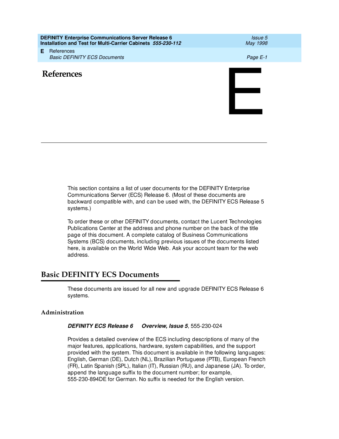 Lucent Technologies Release 6 manual Basic Definity ECS Documents, Administration 