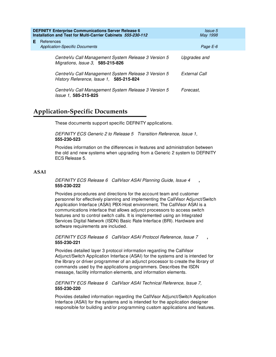 Lucent Technologies Release 6 manual Application-Specific Documents, 555-230-222, 555-230-221, 555-230-220 