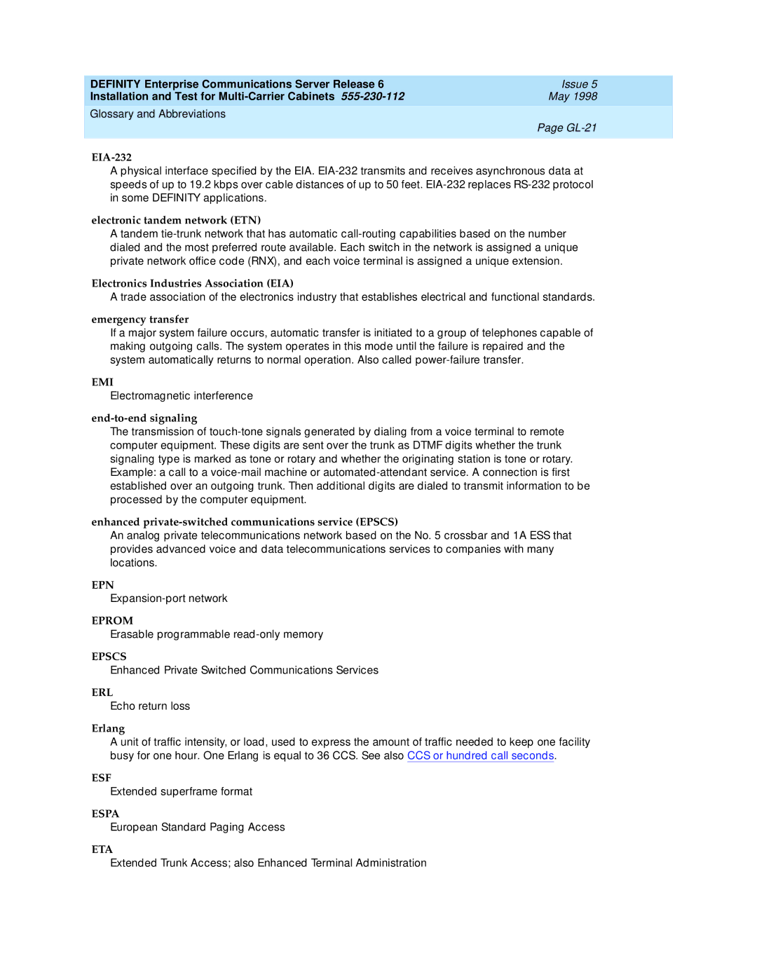 Lucent Technologies Release 6 manual Emi, Epn, Eprom, Epscs, Erl, Esf, Espa, Eta 