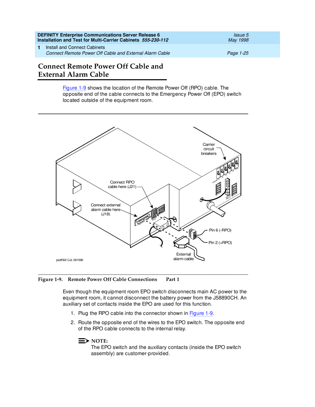 Lucent Technologies Release 6 Connect Remote Power Off Cable External Alarm Cable, Remote Power Off Cable Connections Part 