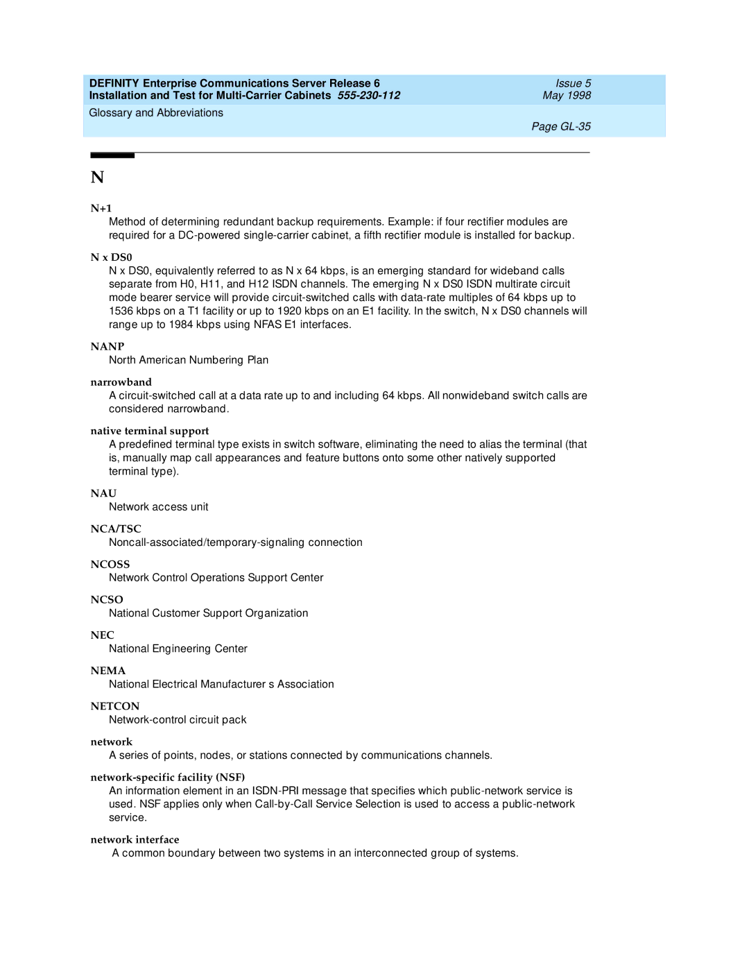 Lucent Technologies Release 6 manual Nanp, Nau, Nca/Tsc, Ncoss, Ncso, Nec, Nema, Netcon 