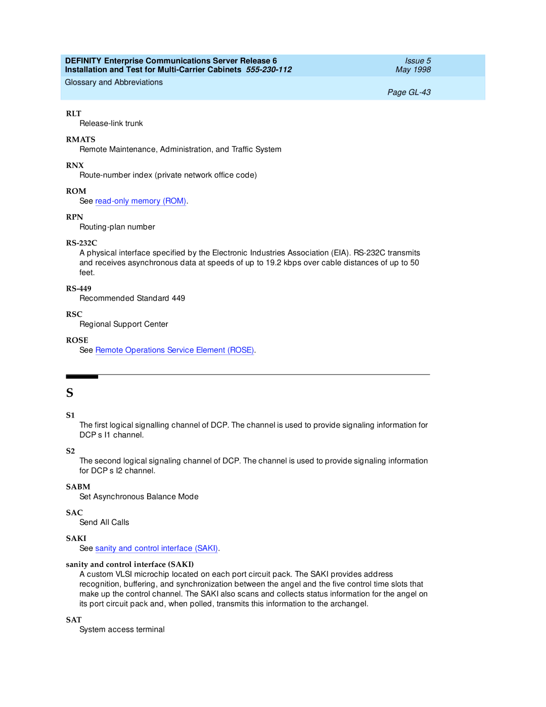 Lucent Technologies Release 6 manual Rsc, Rose, Sabm, Sac, Saki, Sat 