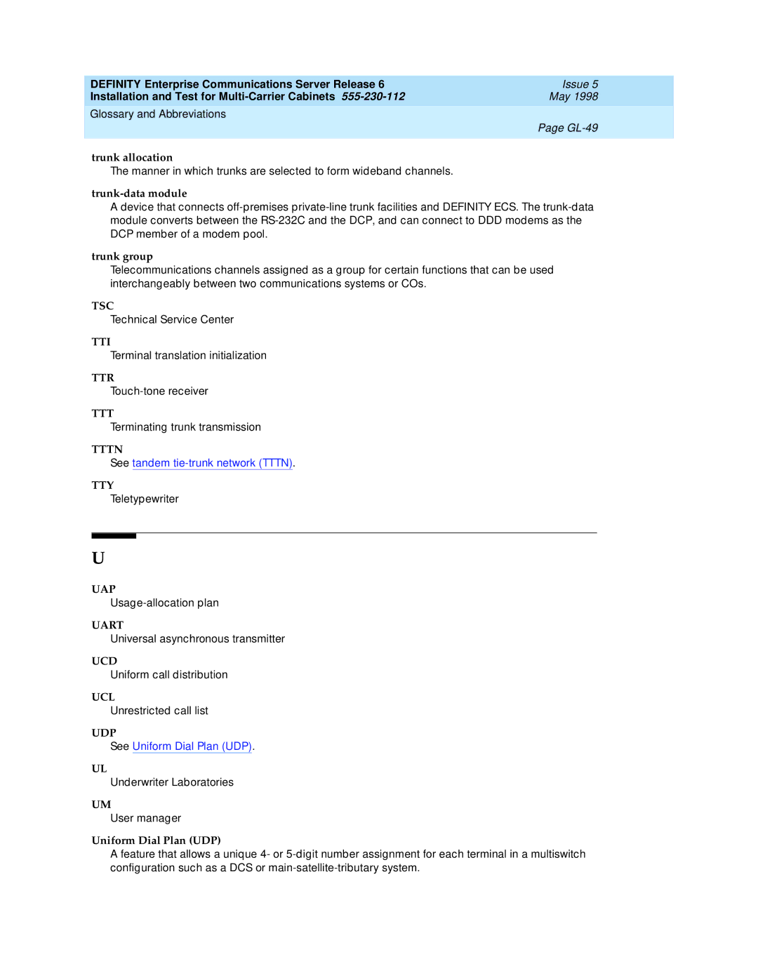 Lucent Technologies Release 6 manual Tsc, Tti, Ttr, Tttn, Tty, Uap, Uart, Ucd, Ucl, Udp 