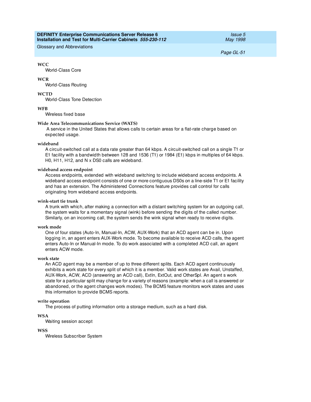 Lucent Technologies Release 6 manual Wsa, Wss 