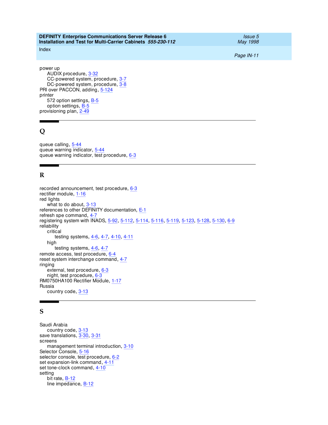 Lucent Technologies Release 6 manual IN-11 