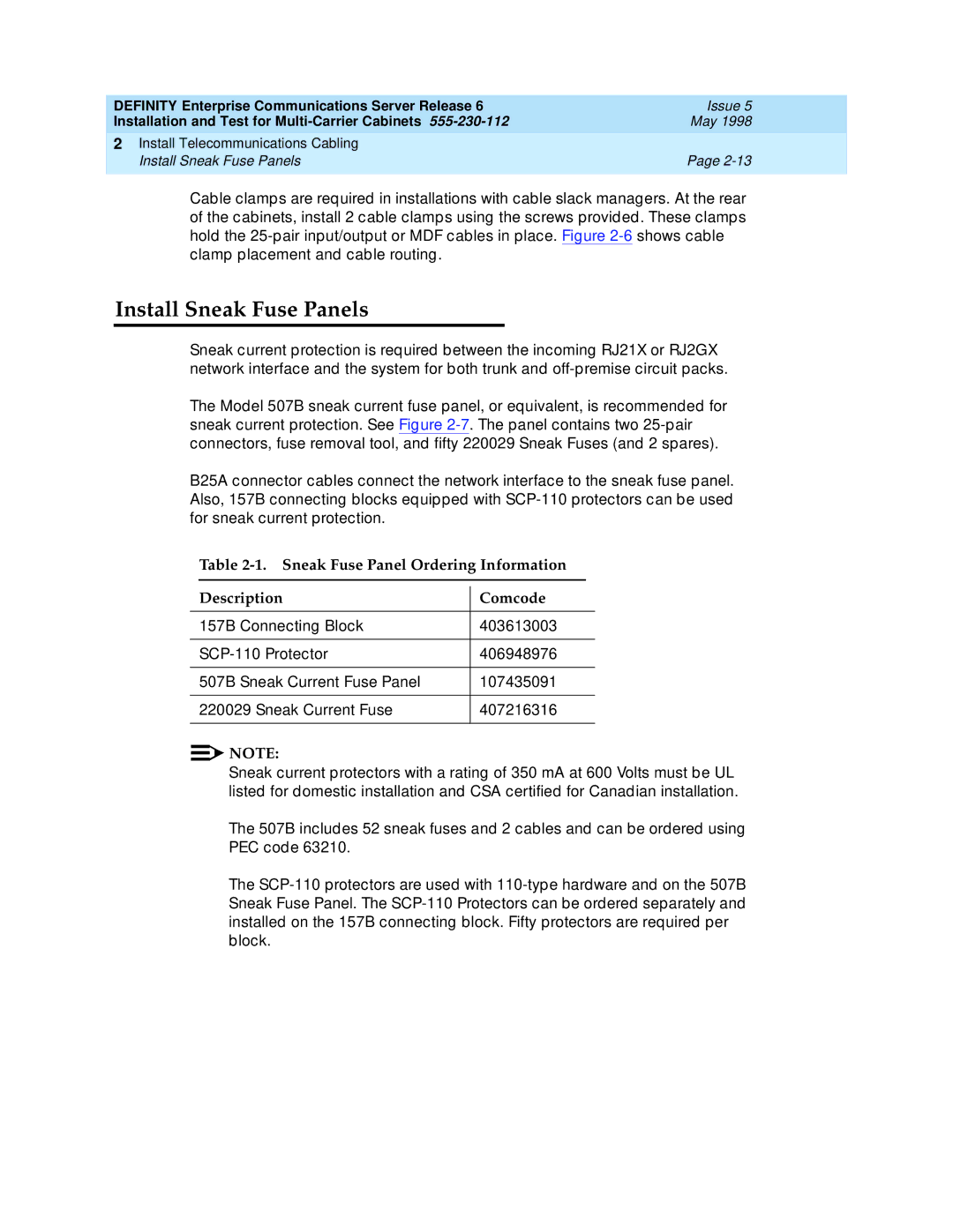 Lucent Technologies Release 6 manual Install Sneak Fuse Panels, Sneak Fuse Panel Ordering Information Description Comcode 