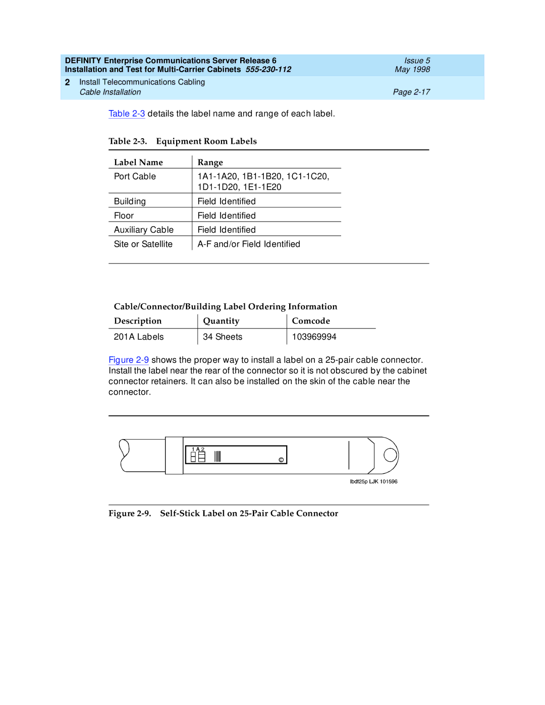 Lucent Technologies Release 6 manual Equipment Room Labels Label Name Range, 201A Labels Sheets 103969994 