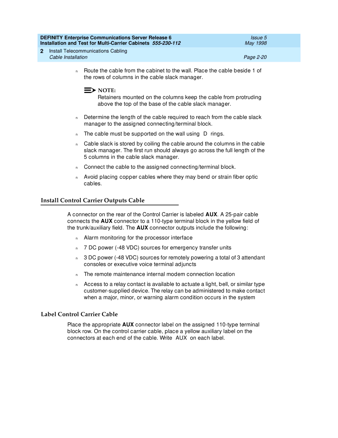 Lucent Technologies Release 6 manual Install Control Carrier Outputs Cable, Label Control Carrier Cable 