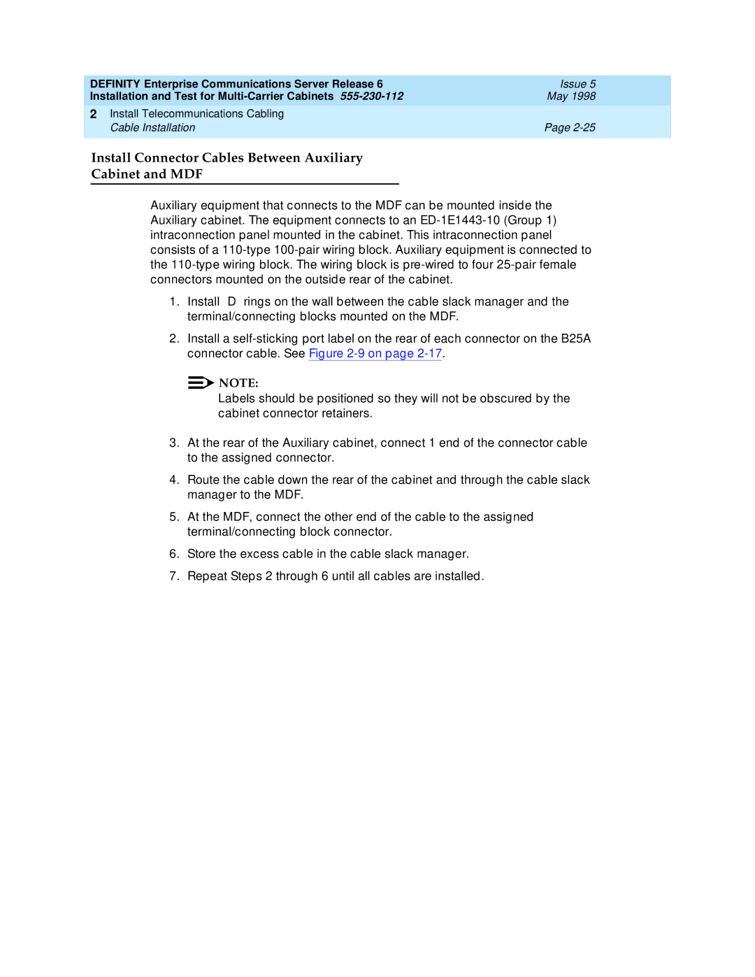 Lucent Technologies Release 6 manual Install Connector Cables Between Auxiliary Cabinet and MDF 