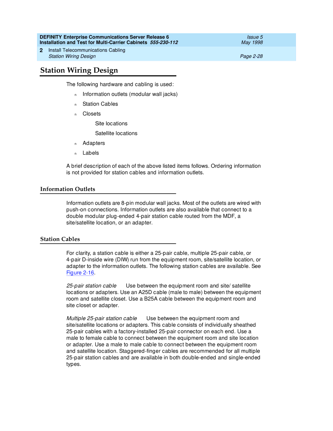 Lucent Technologies Release 6 manual Station Wiring Design, Information Outlets, Station Cables 