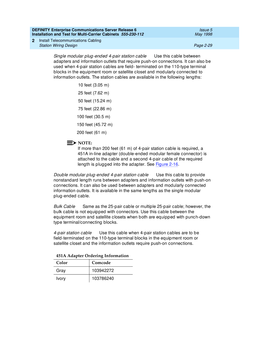 Lucent Technologies Release 6 manual 451A Adapter Ordering Information Color Comcode, Gray 103942272 Ivory 103786240 