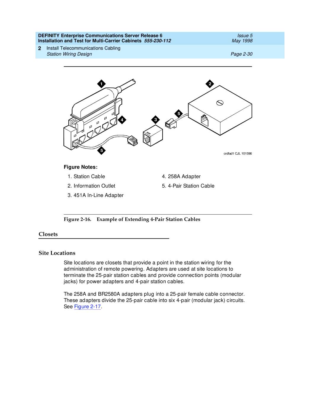 Lucent Technologies Release 6 manual Closets Site Locations, Example of Extending 4-Pair Station Cables 