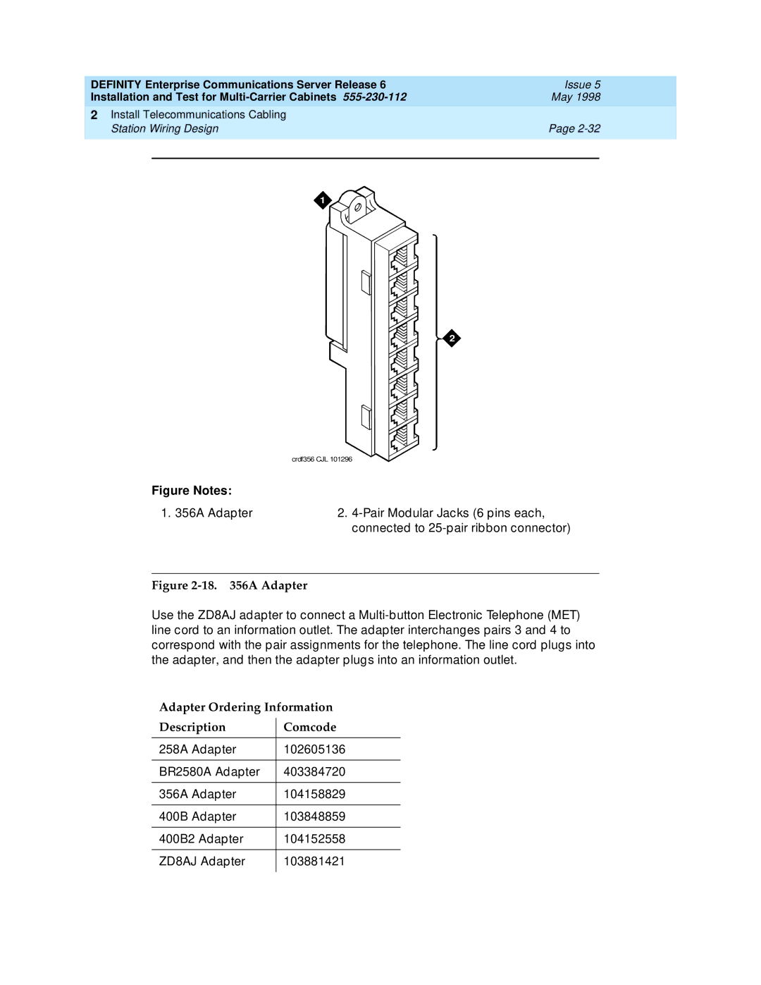 Lucent Technologies Release 6 manual a Adapter, Adapter Ordering Information Description Comcode 