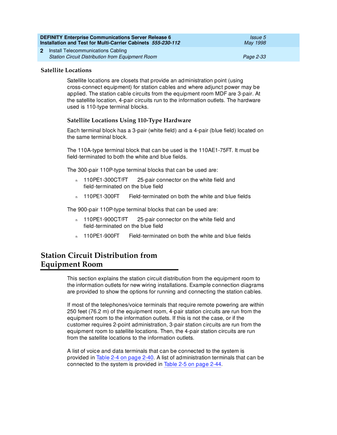 Lucent Technologies Release 6 manual Station Circuit Distribution from Equipment Room, Satellite Locations 