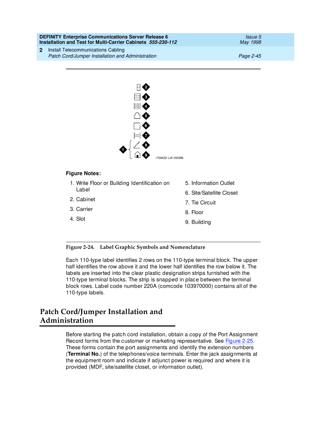 Lucent Technologies Release 6 manual Patch Cord/Jumper Installation Administration, Label Graphic Symbols and Nomenclature 