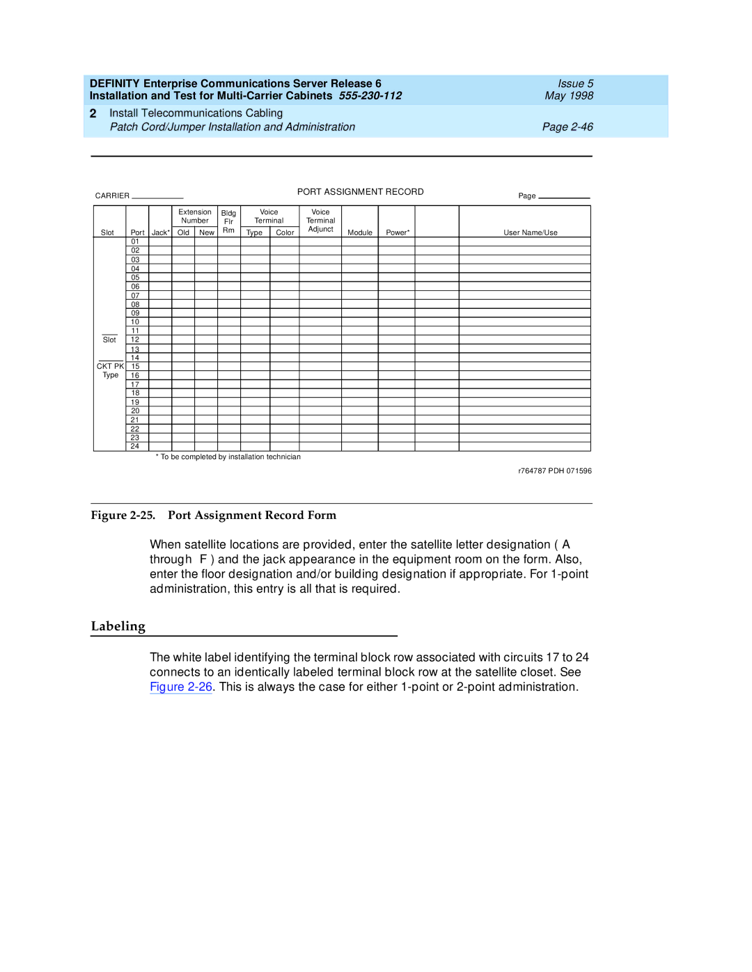 Lucent Technologies Release 6 manual Labeling, Port Assignment Record Form 