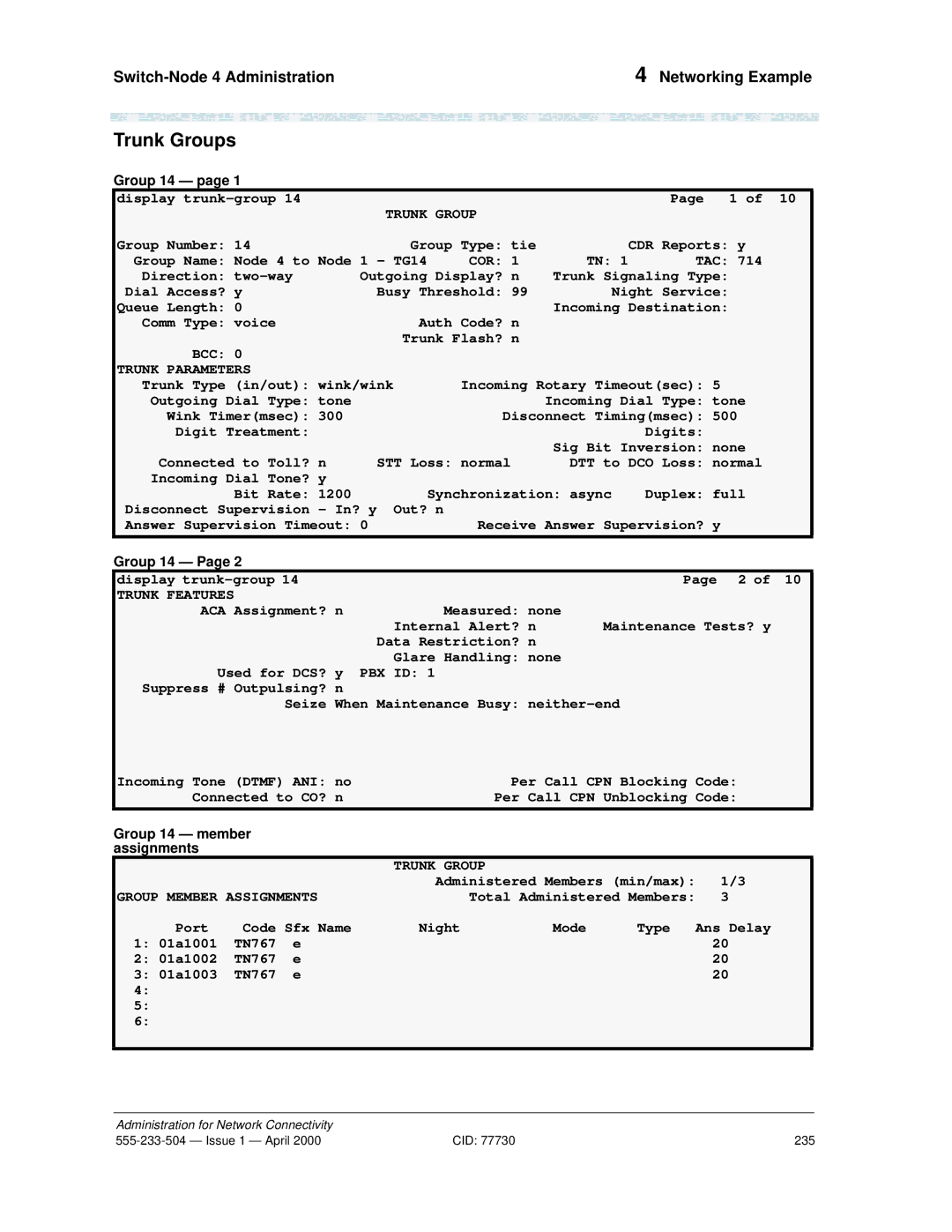 Lucent Technologies Release 8.2 manual Trunk Groups, Group 14 member Assignments 