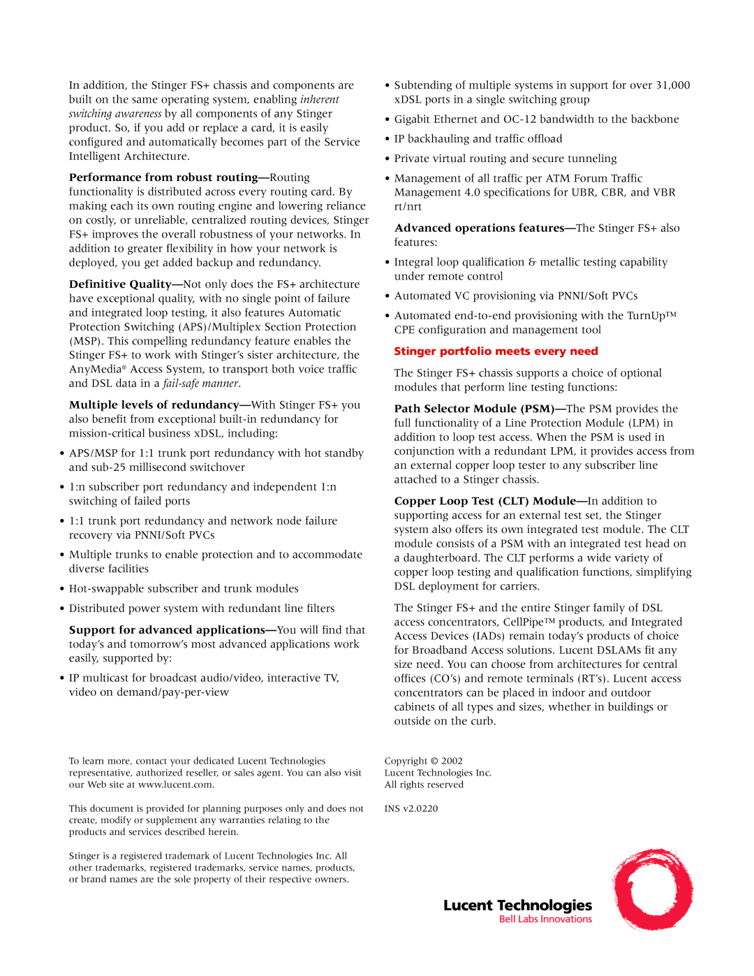 Lucent Technologies manual Advanced operations features-The Stinger FS+ also features 