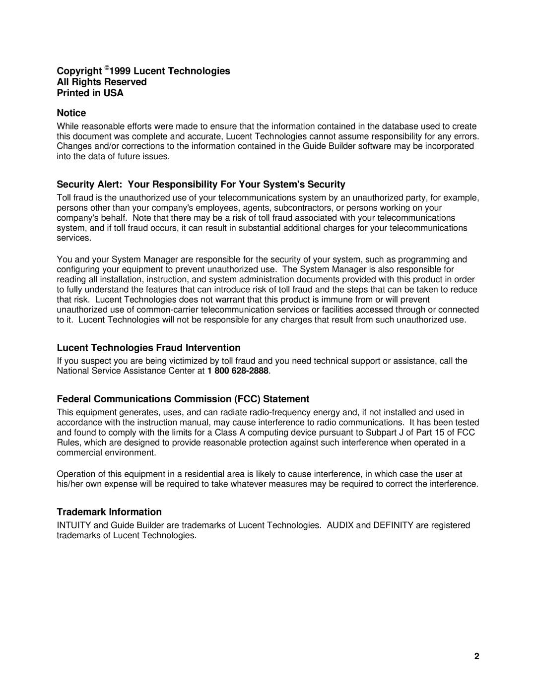 Lucent Technologies SYSTEM 85, System 75 Copyright 1999 Lucent Technologies All Rights Reserved, Trademark Information 