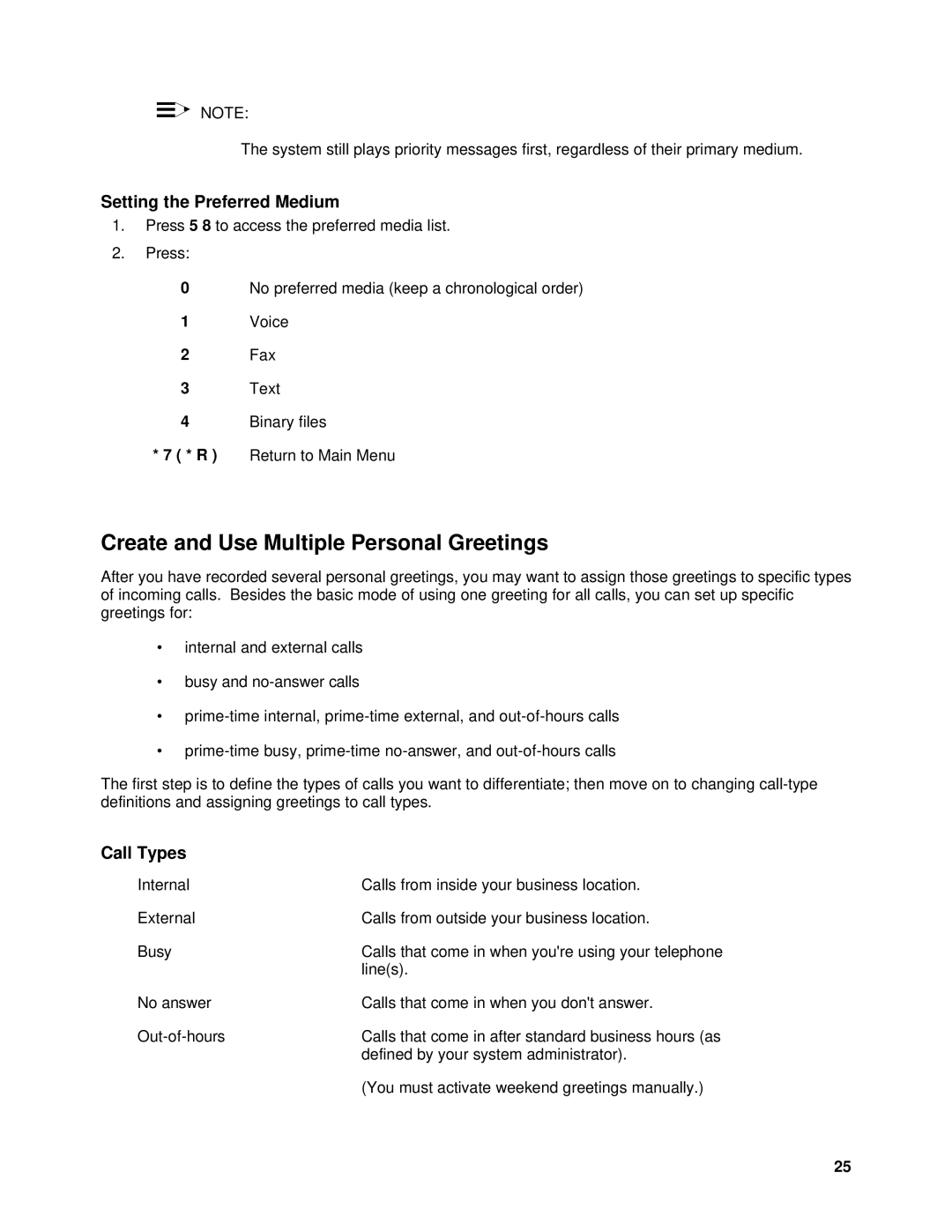 Lucent Technologies System 75 manual Create and Use Multiple Personal Greetings, Setting the Preferred Medium, Call Types 