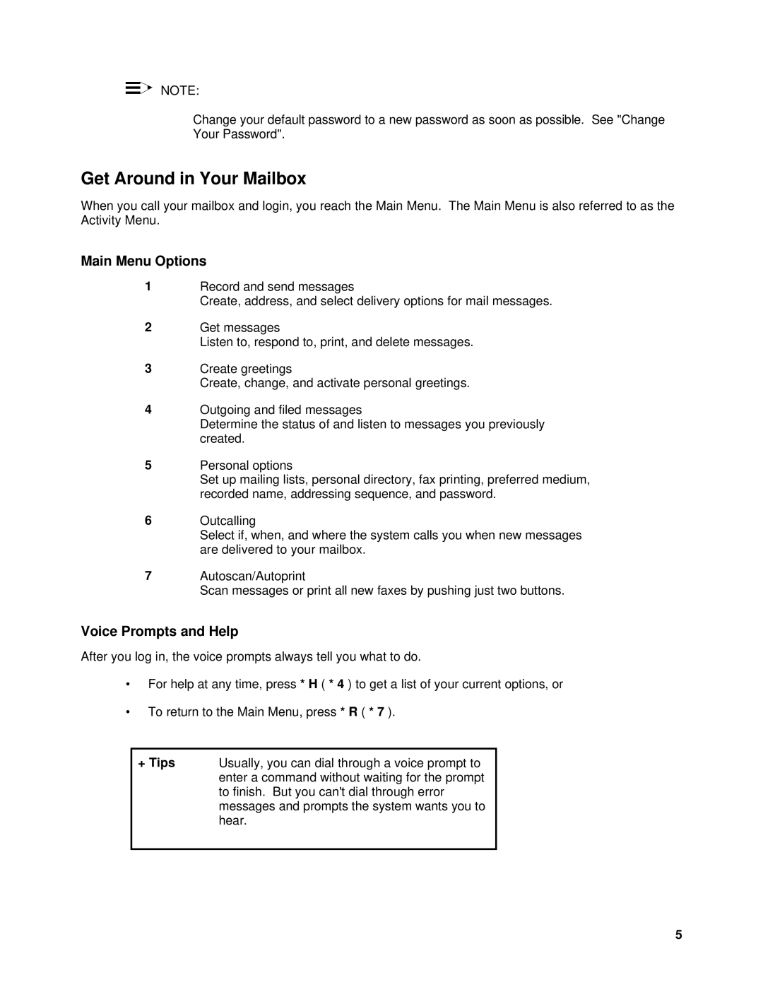 Lucent Technologies System 75, SYSTEM 85 manual Get Around in Your Mailbox, Main Menu Options, Voice Prompts and Help 