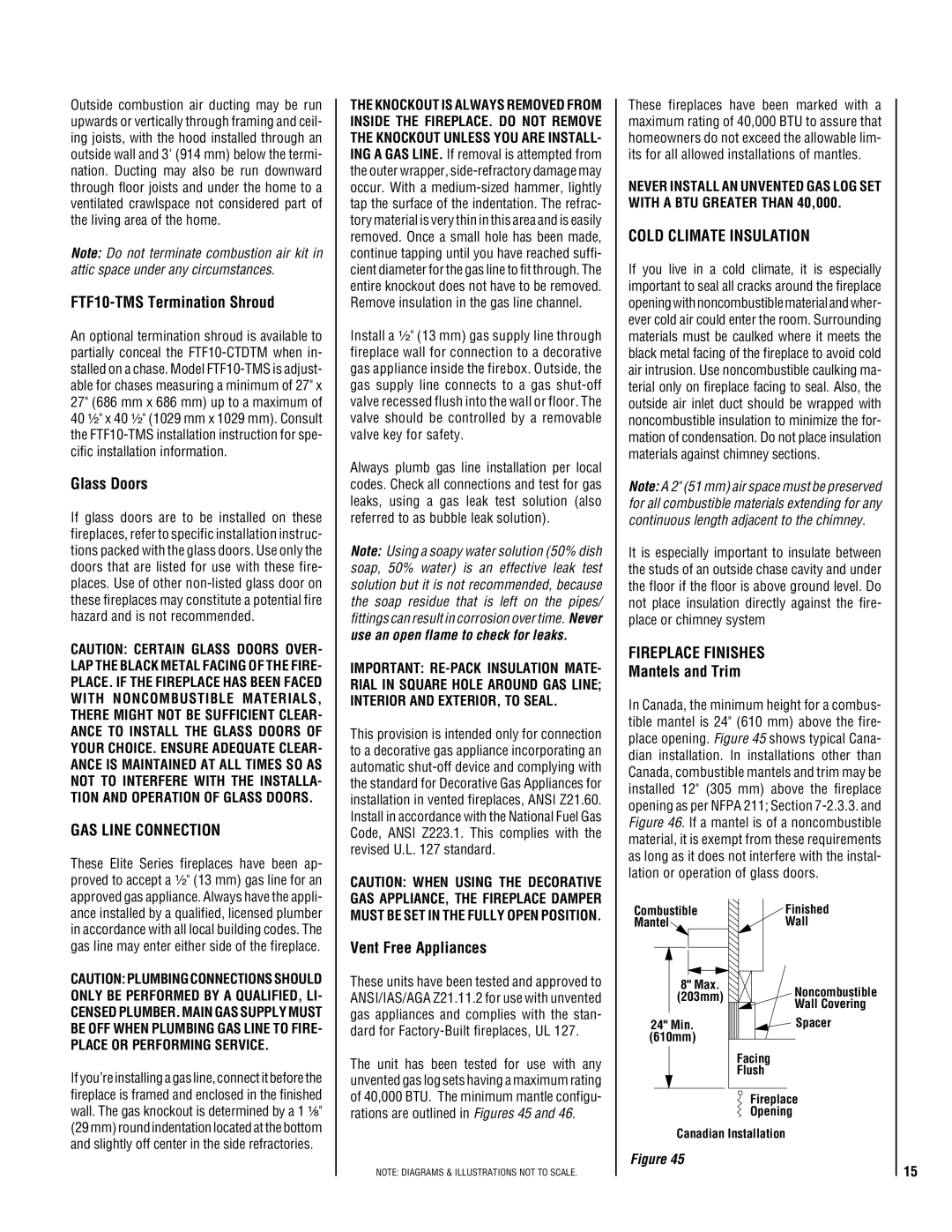 Lucent Technologies TM-4500 installation instructions GAS Line Connection, Cold Climate Insulation, Fireplace Finishes 