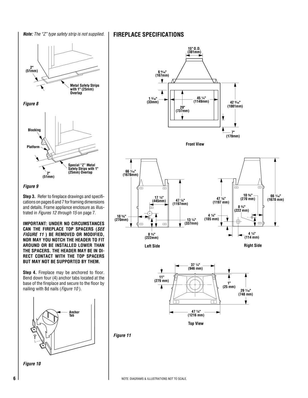 Lucent Technologies TM-4500 installation instructions Fireplace Specifications, Front View, Left Side, Top View 