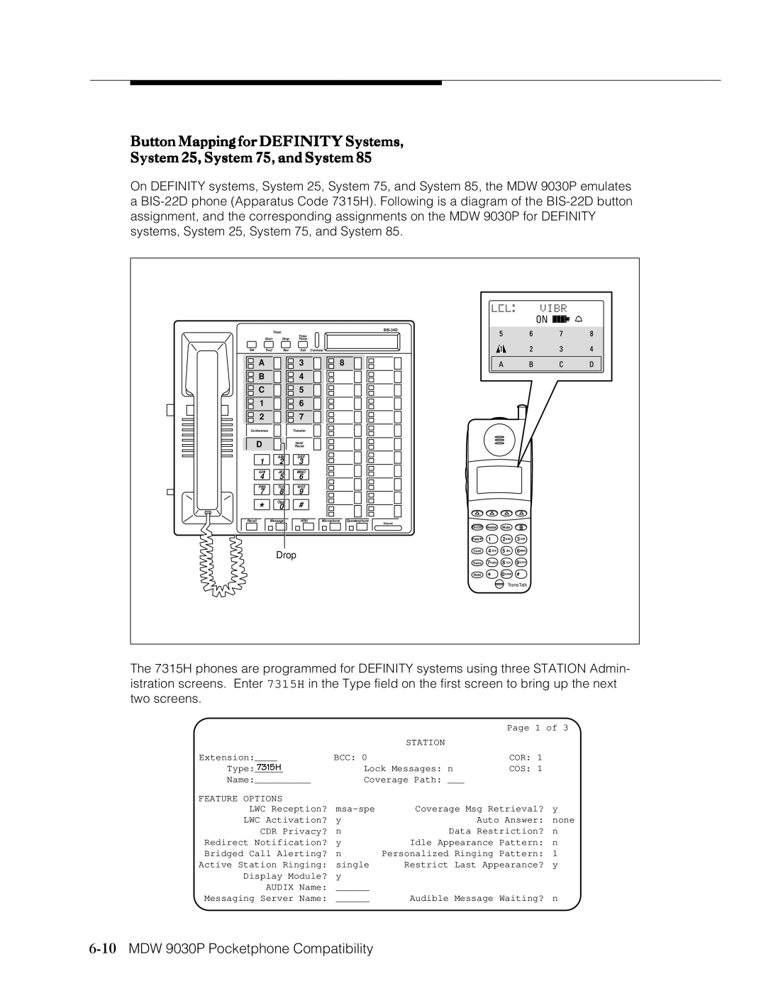 Lucent Technologies Transtalk 9000 manual 10MDW 9030P Pocketphone Compatibility, Drop 