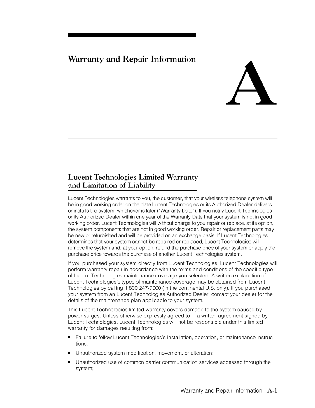 Lucent Technologies Transtalk 9000 manual Lucent Technologies Limited Warranty Limitation of Liability 