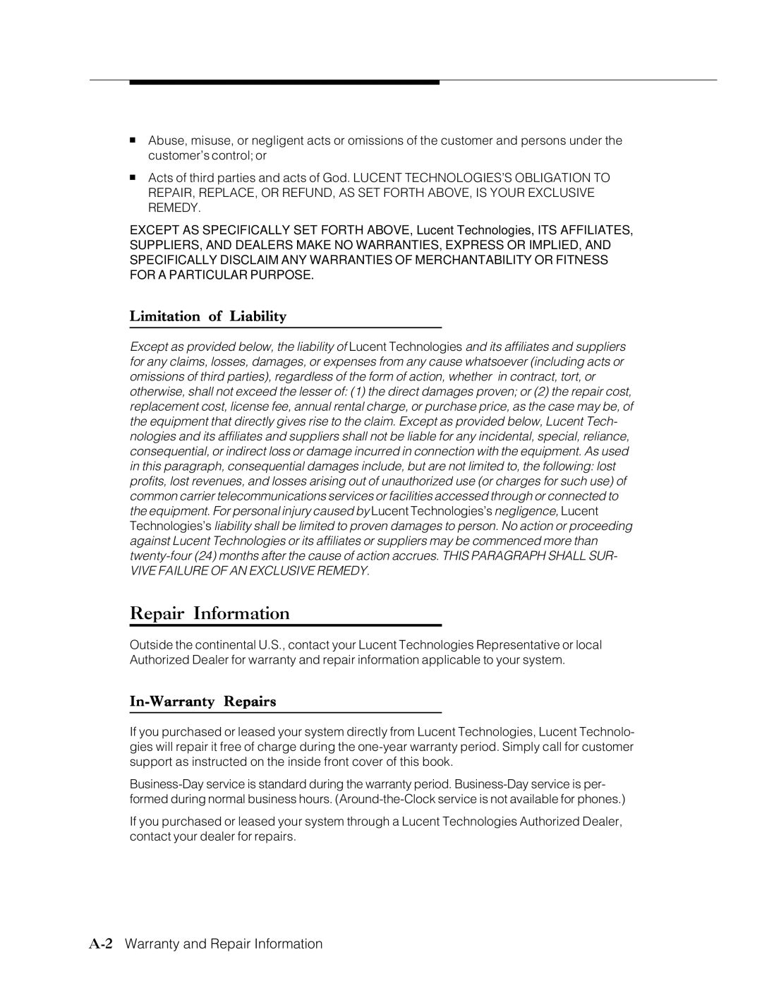 Lucent Technologies Transtalk 9000 manual Repair Information, Limitation of Liability, In-Warranty Repairs 