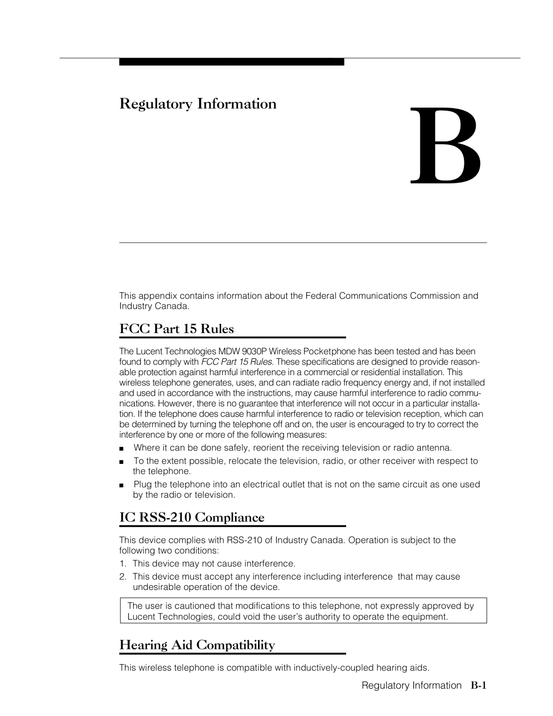 Lucent Technologies Transtalk 9000 manual FCC Part 15 Rules, IC RSS-210 Compliance, Hearing Aid Compatibility 