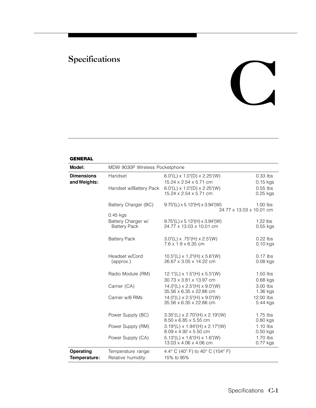 Lucent Technologies Transtalk 9000 manual Specifications C-1 