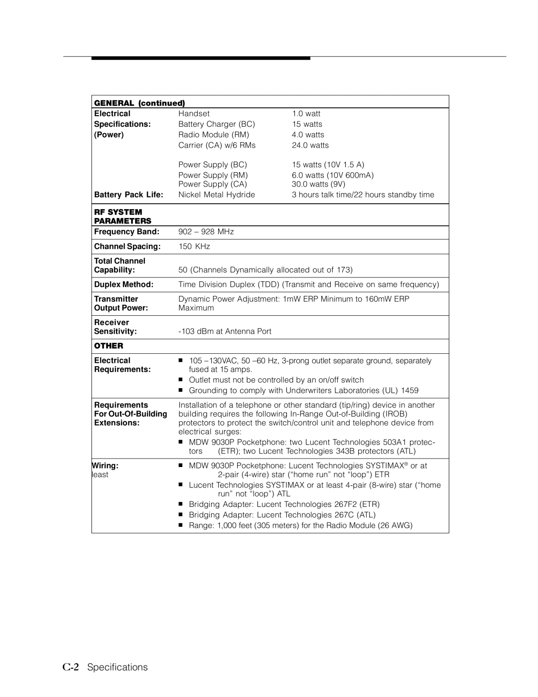 Lucent Technologies Transtalk 9000 manual 2Specifications, Power 