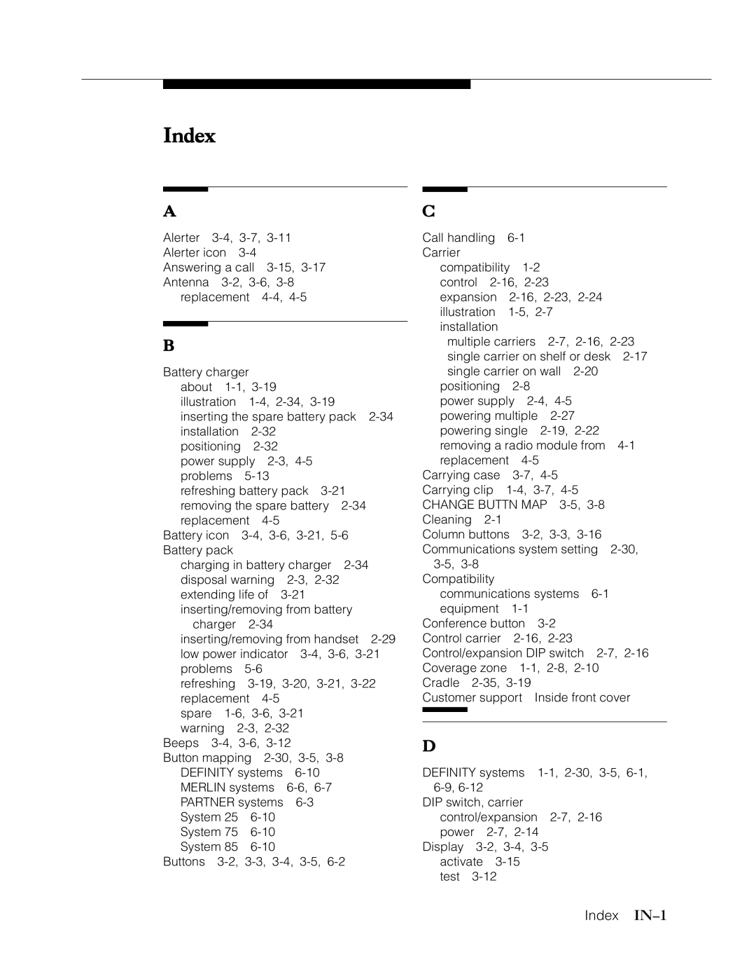 Lucent Technologies Transtalk 9000 manual Index IN-1 