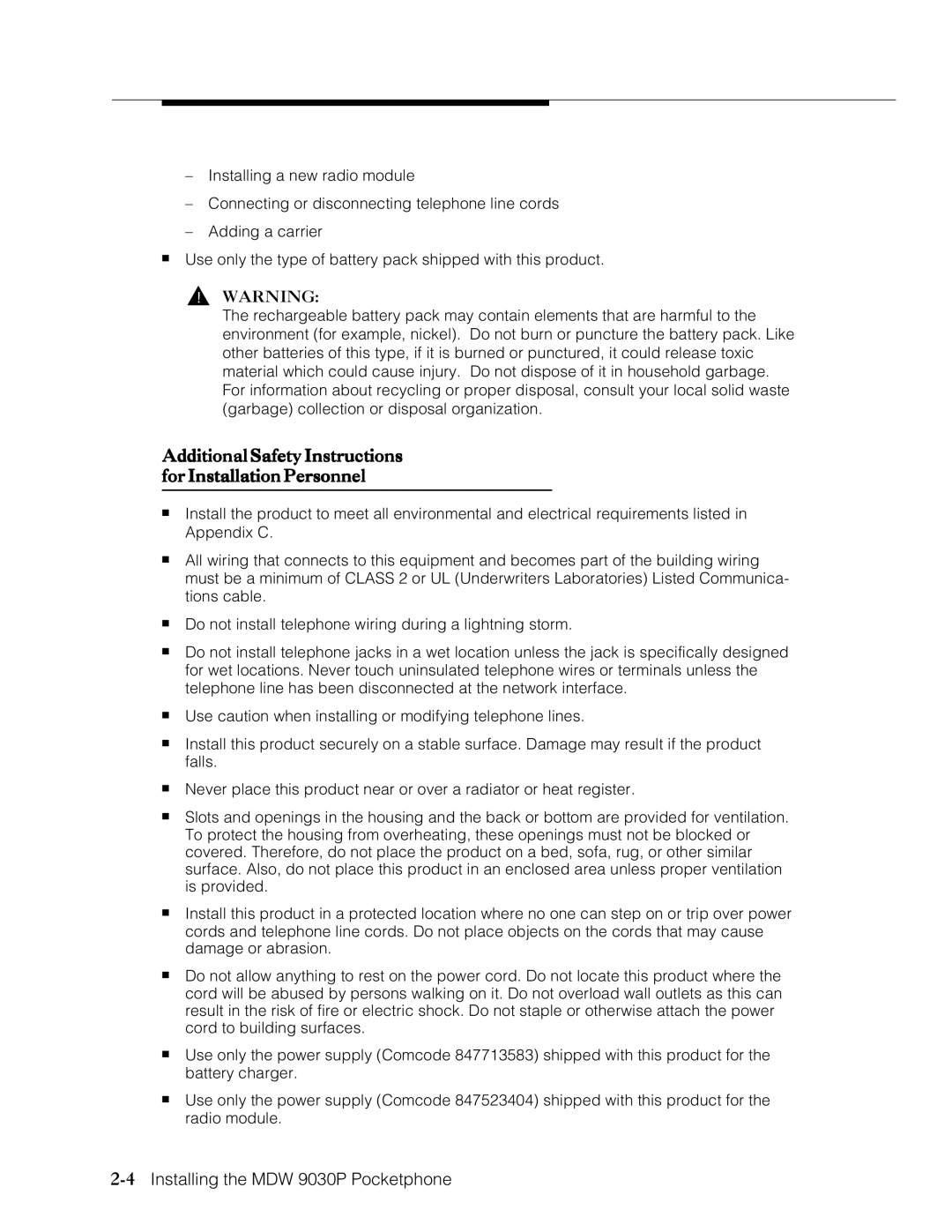 Lucent Technologies Transtalk 9000 manual Additional Safety Instructions for Installation Personnel 