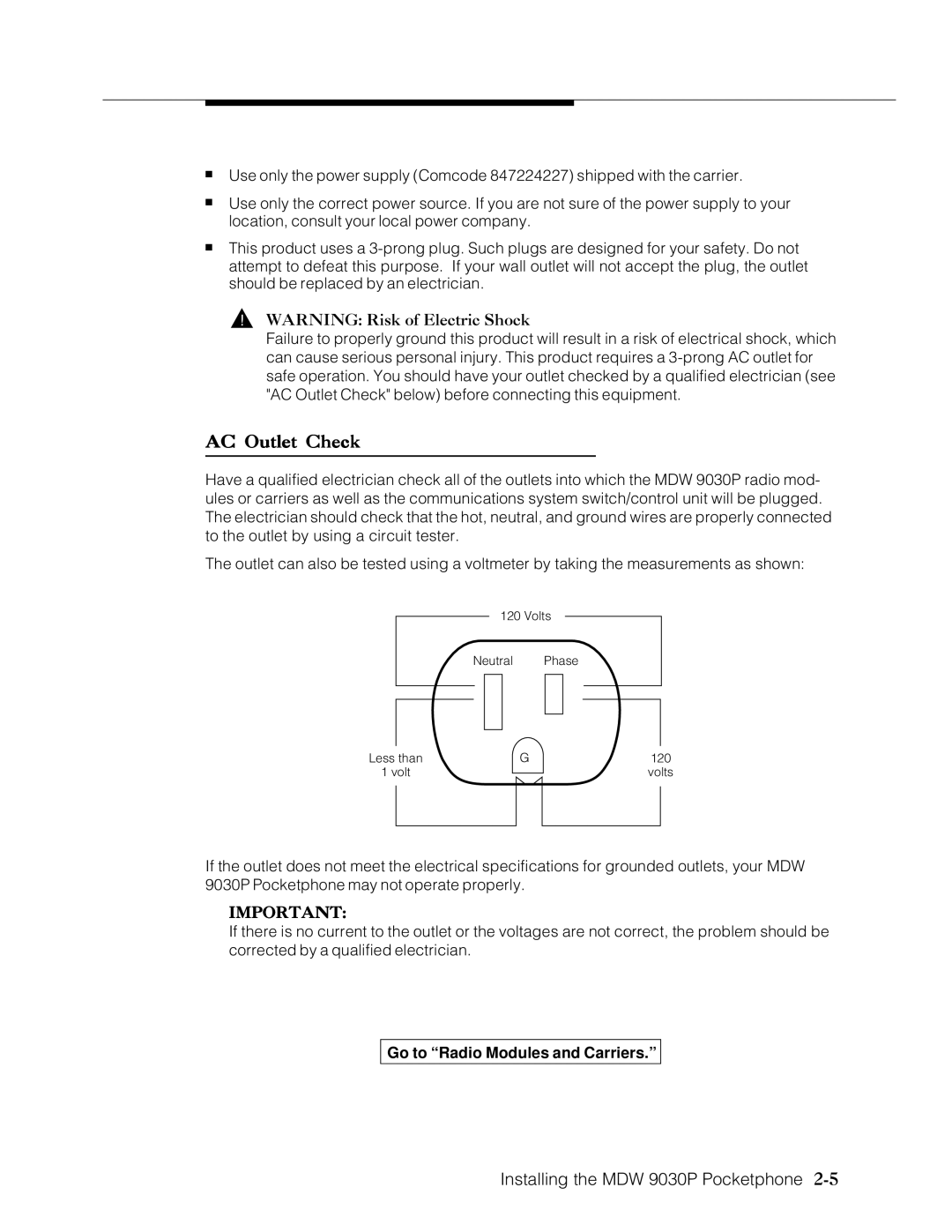 Lucent Technologies Transtalk 9000 manual AC Outlet Check 