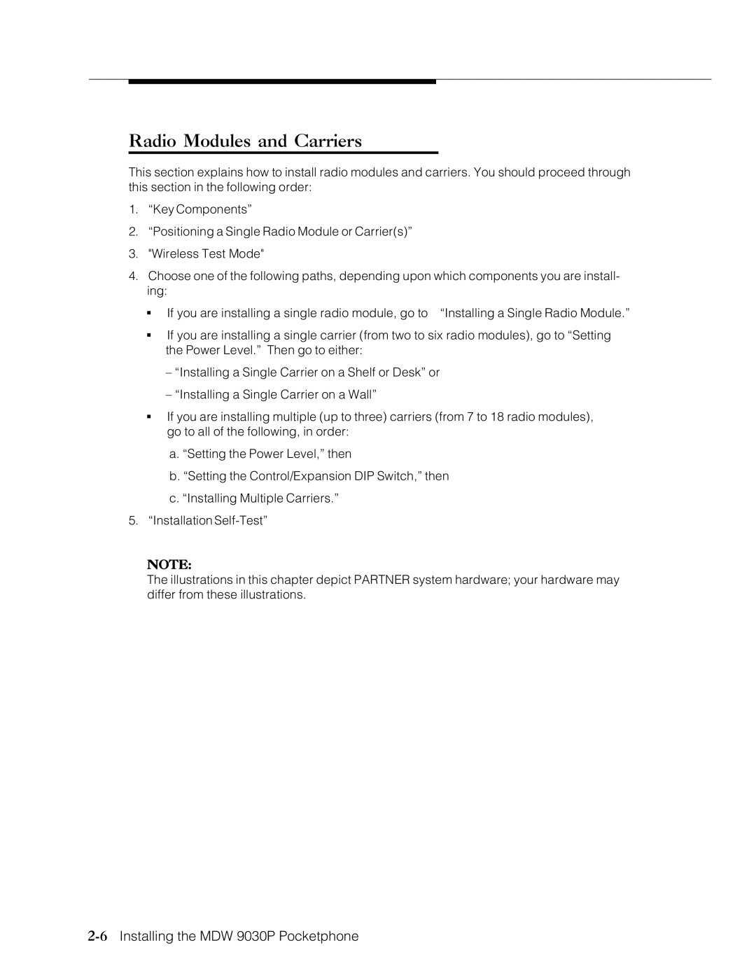 Lucent Technologies Transtalk 9000 manual Radio Modules and Carriers, 6Installing the MDW 9030P Pocketphone 