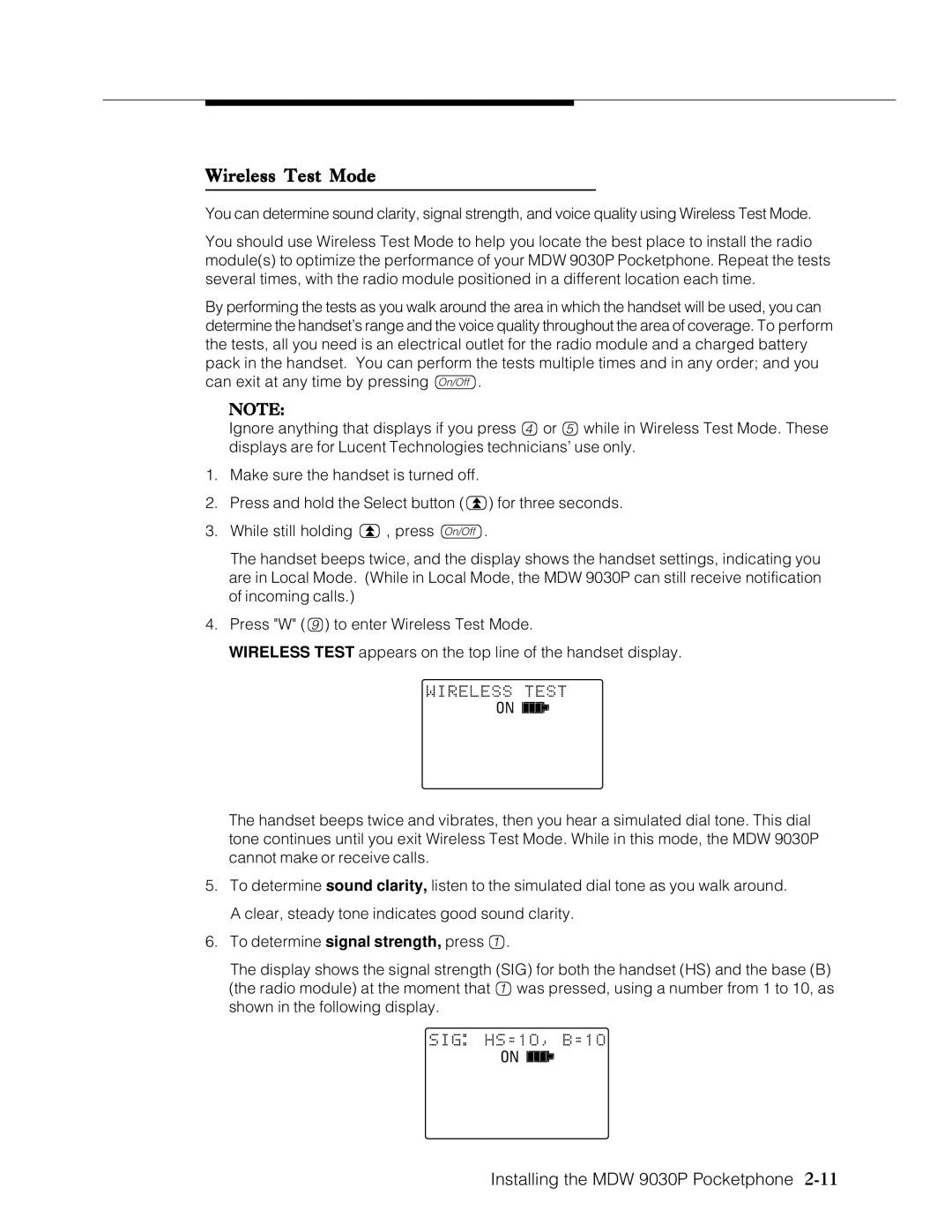 Lucent Technologies Transtalk 9000 manual Wireless Test Mode 