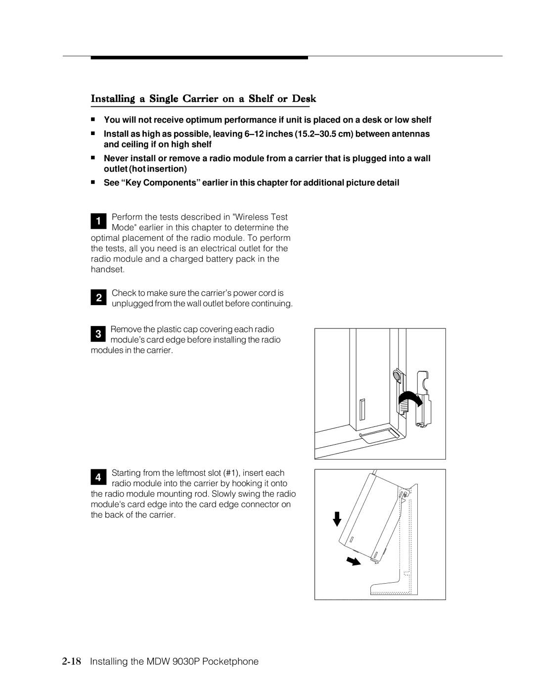 Lucent Technologies Transtalk 9000 Installing a Single Carrier on a Shelf or Desk, 18Installing the MDW 9030P Pocketphone 