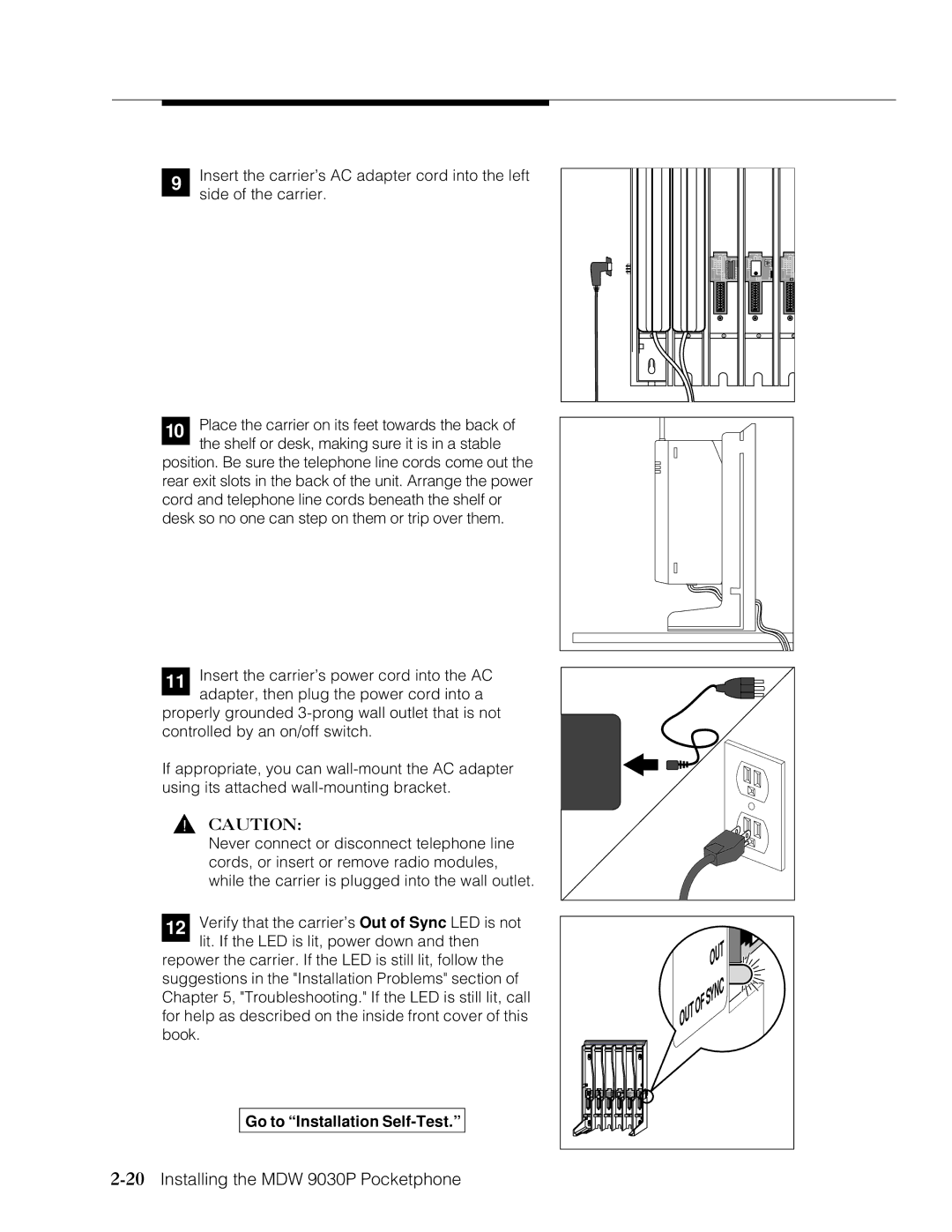 Lucent Technologies Transtalk 9000 manual Out, 20Installing the MDW 9030P Pocketphone 